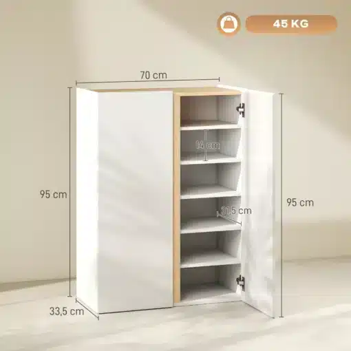 Kõrge jalanõukapp 6 riiuli ja pehme sulgumisega | E-pood Tootemaailm Valge ja puidutoonis kapp avatud uksega, mõõdud 70 x 95 x 33,5 cm, sees riiulid