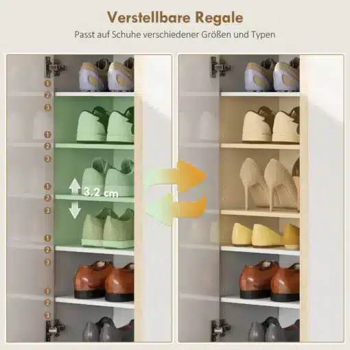 Kõrge jalanõukapp 6 riiuli ja pehme sulgumisega | E-pood Tootemaailm Reguleeritavad kingariiuli riiulid erineva suurusega jalanõudele, näidatud 3,2 cm vahega