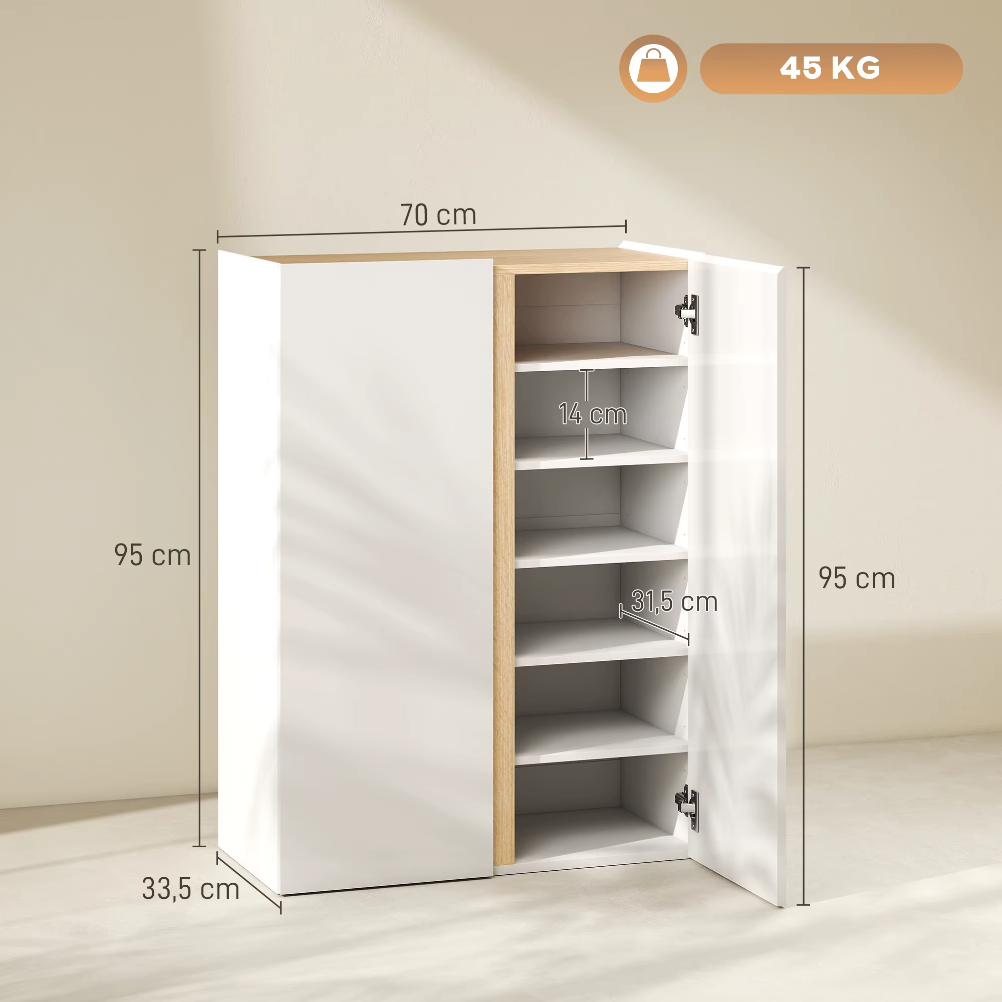 Valge ja puidutoonis kapp avatud uksega, sees mitu riiulit ning mõõdud 70 x 33,5 x 95 cm