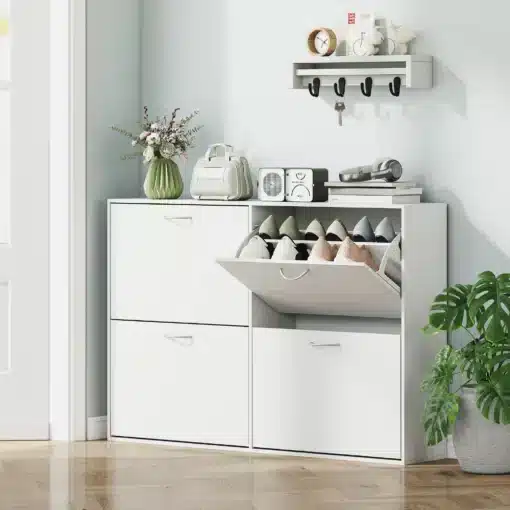 Jalatsikapp 4 klappuksega 120 × 24 × 81 cm | E-pood Tootemaailm Valge jalanõukapp kallutatava riiuliga, pealmisel pinnal dekoratsioonid ja hoiutarvikud