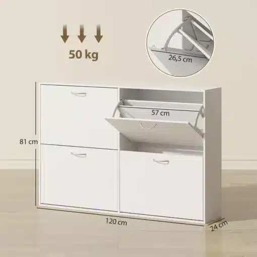 Jalatsikapp 4 klappuksega 120 × 24 × 81 cm | E-pood Tootemaailm Valge kingakapp kallutatava sahtliga, mõõdud 120 x 81 x 24 cm ja kandevõime 50 kg