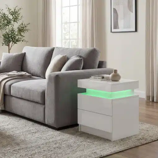 LED-valgustusega öökapp kahe sahtliga | E-pood Tootemaailm Hallis hall diivan, valge LED-ribaga öökapp ja hele vaip kaasaegses interjööris
