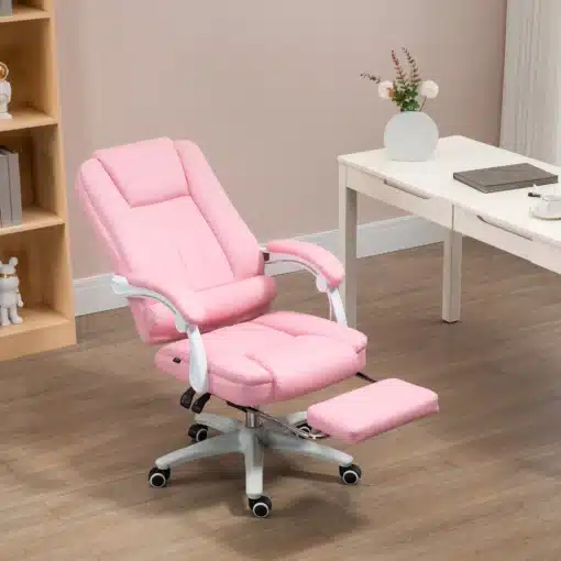 Ergonoomiline kontori- ja mänguritool reguleeritava seljatoe ja jalatoega | E-pood Tootemaailm Roosa reguleeritav kontori- või mänguritool jalatoega heledas toas