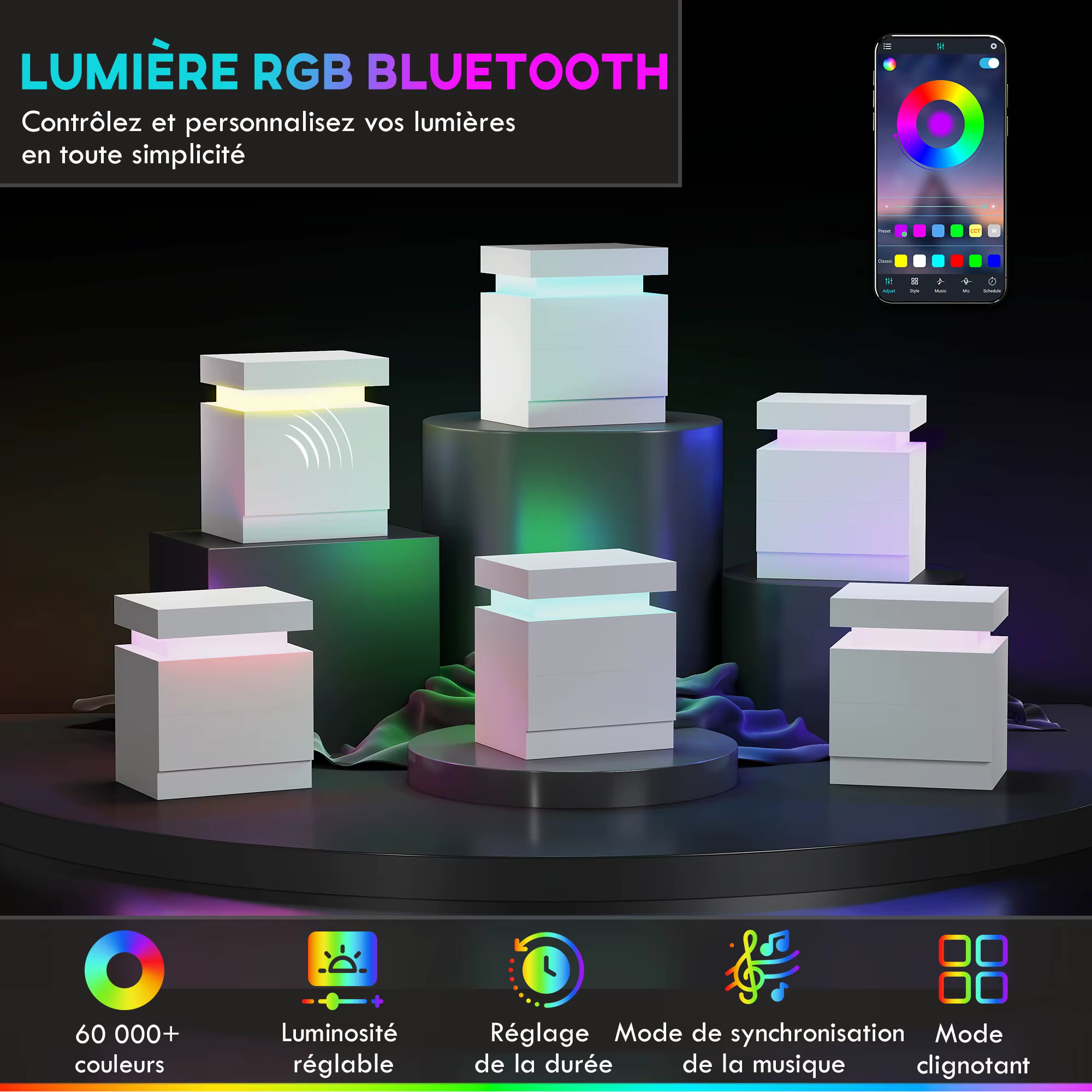 Bluetoothiga juhitavad RGB-valgused, värvide ja režiimide esitlus koos telefoniäpiga