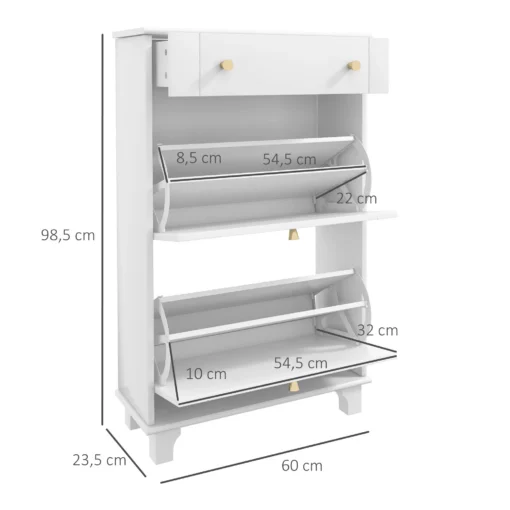 Kitsas jalanõukapp kahe klapiga sektsiooni ja sahtliga | E-pood Tootemaailm Valge kahe klapiva uksega kingakapp mõõtudega 60 x 23,5 x 98,5 cm