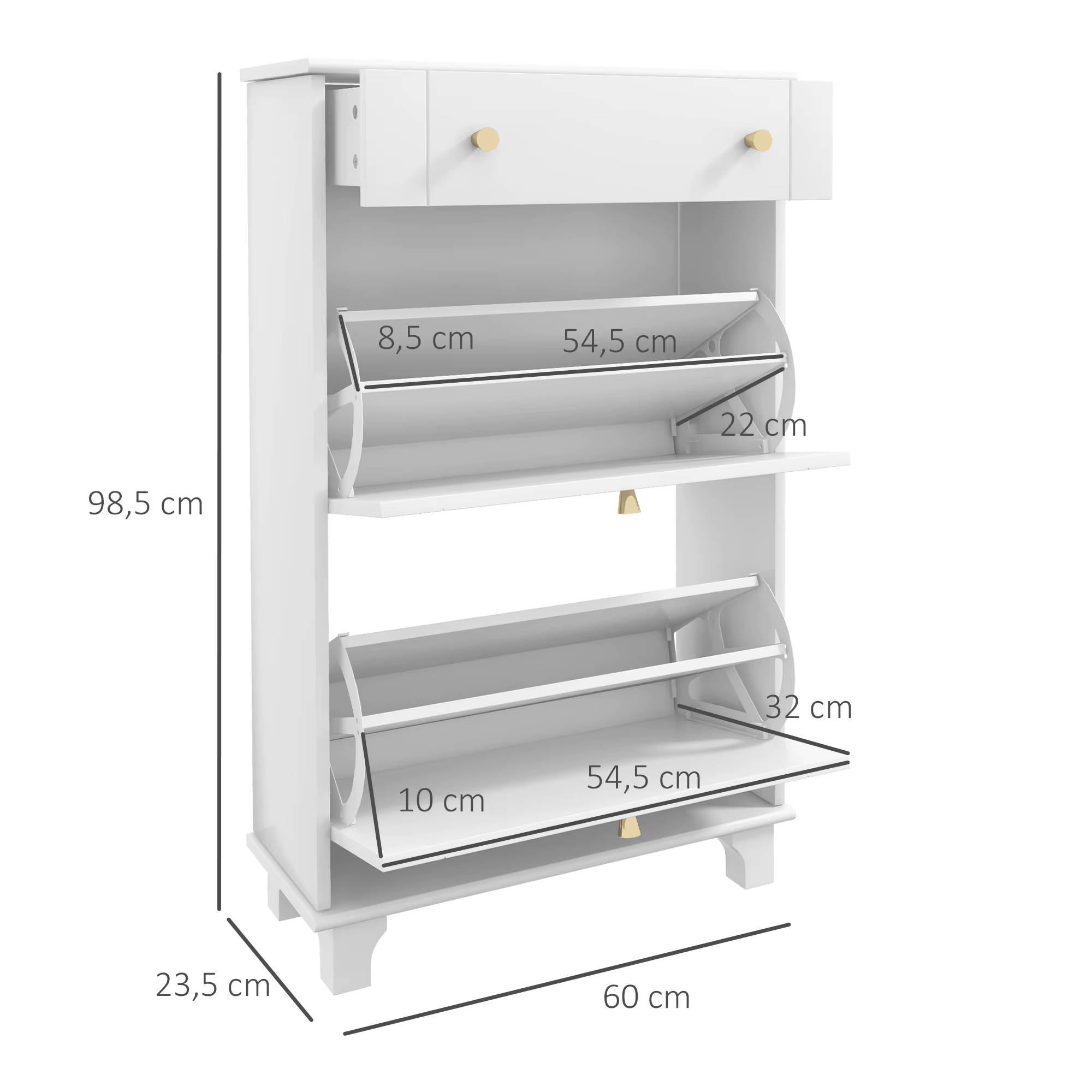 Valge kingariiul kahe kallutatava sahtli ja ühe ülemise sahtliga, mõõdud 60 x 23,5 x 98,5 cm