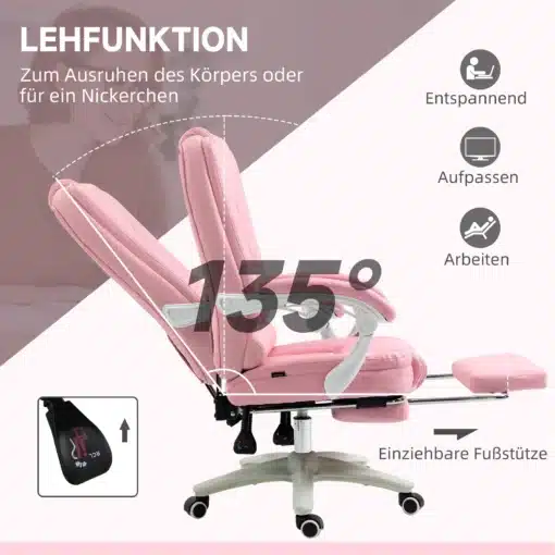 Ergonoomiline kontori- ja mänguritool reguleeritava seljatoe ja jalatoega | E-pood Tootemaailm Roosa reguleeritav kontoritool lamava seljatoe ja jalatoega, 135° nurk