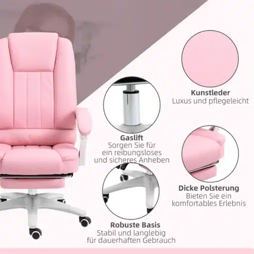 Ergonoomiline kontori- ja mänguritool reguleeritava seljatoe ja jalatoega | E-pood Tootemaailm Roosa kunstnahast kontoritool ratastel, nähtava gaasitõstuki, paksu polsterduse ja tugeva alusega
