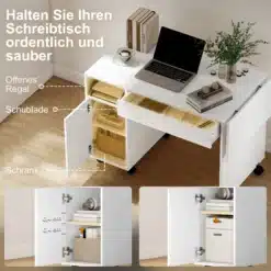 Valge töölaud avatava uksega, sahtli ja avariiuliga ning ratastel, peal sülearvuti ja dekoratsioonid
