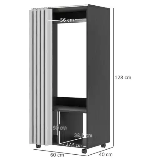 Ratastel riidekapp kardinaga ja riputustoruga | E-pood Tootemaailm Ratastel tume riidekapp kardina, 60 x 40 x 128 cm, sisemõõdud 56 cm ja allosas hoiuriiul