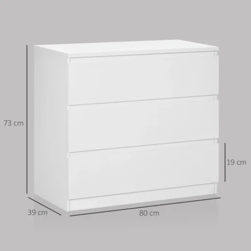 3 sahtliga kummut magamistuppa, 73 cm kõrge | E-pood Tootemaailm Valge kolme sahtliga kummut mõõtudega 80 x 39 x 73 cm