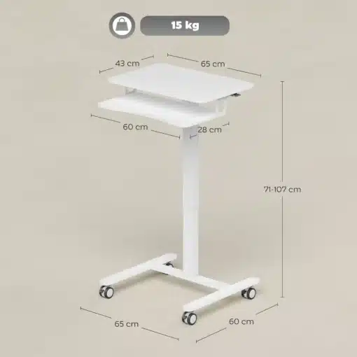 Reguleeritava kõrgusega arvutilaud klaviatuurialuse ja ratastega | E-pood Tootemaailm Valge reguleeritav ratastega laud, kõrgus 71–107 cm, kandevõime 15 kg, mõõdud 65 x 60 cm