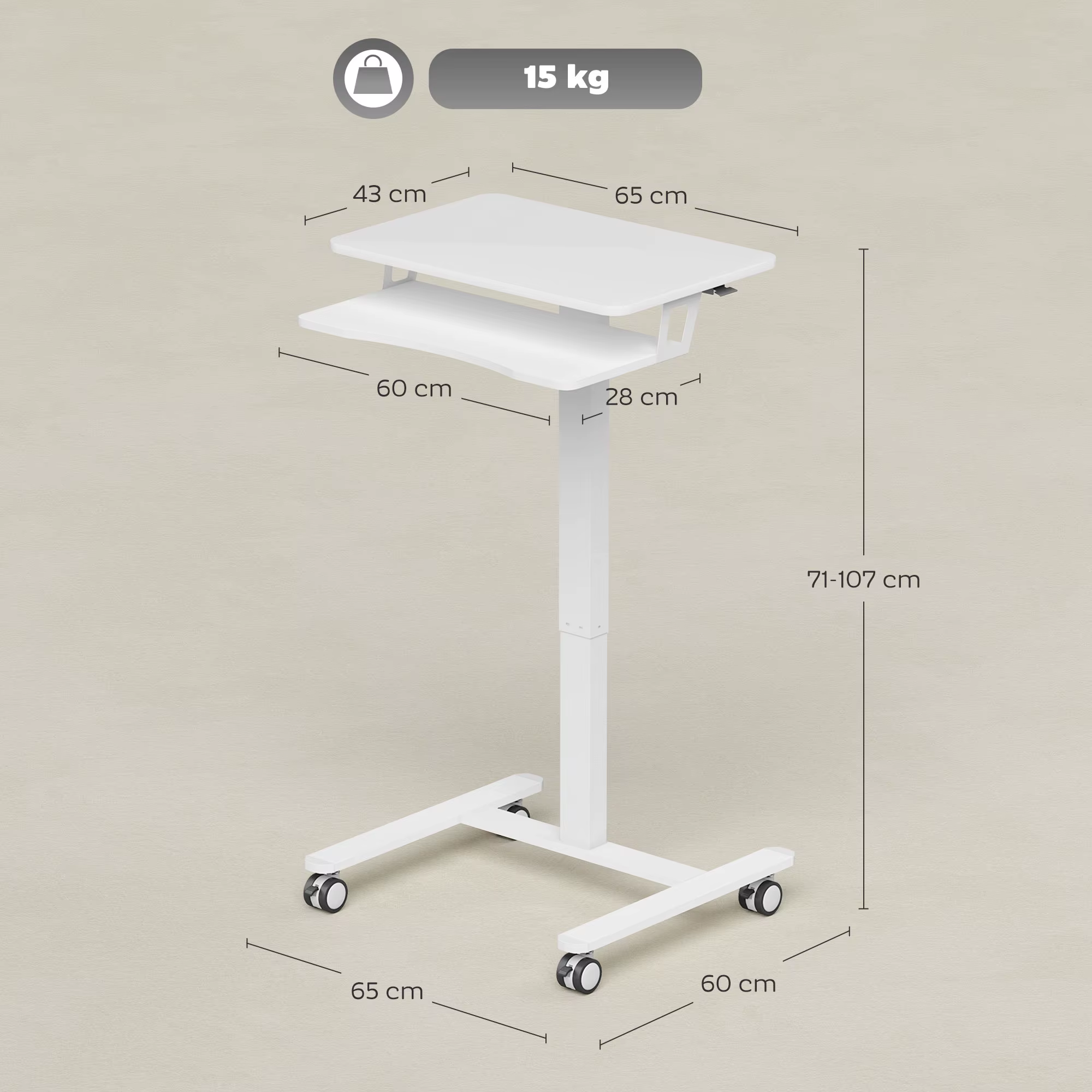 Valge ratastel sülearvutilaud, kõrgus 71–107 cm, lauaplaat 65 × 43 cm, koormus kuni 15 kg