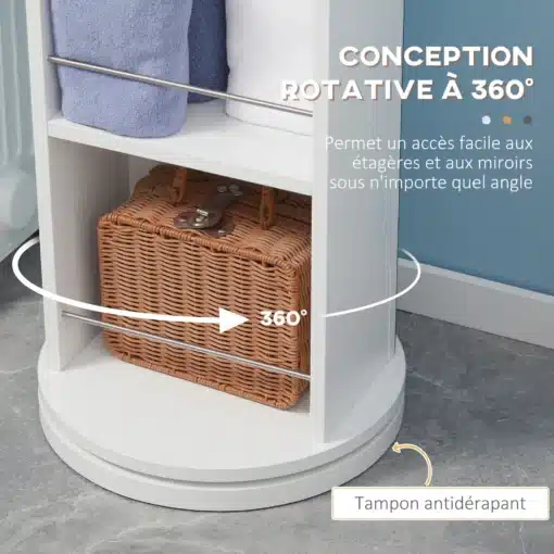Pöörlev peegliga vannitoakapp kuue avatud riiuliga | E-pood Tootemaailm Valge 360° pöörlev vannitoariiul, all punutud korv ja libisemisvastane alus