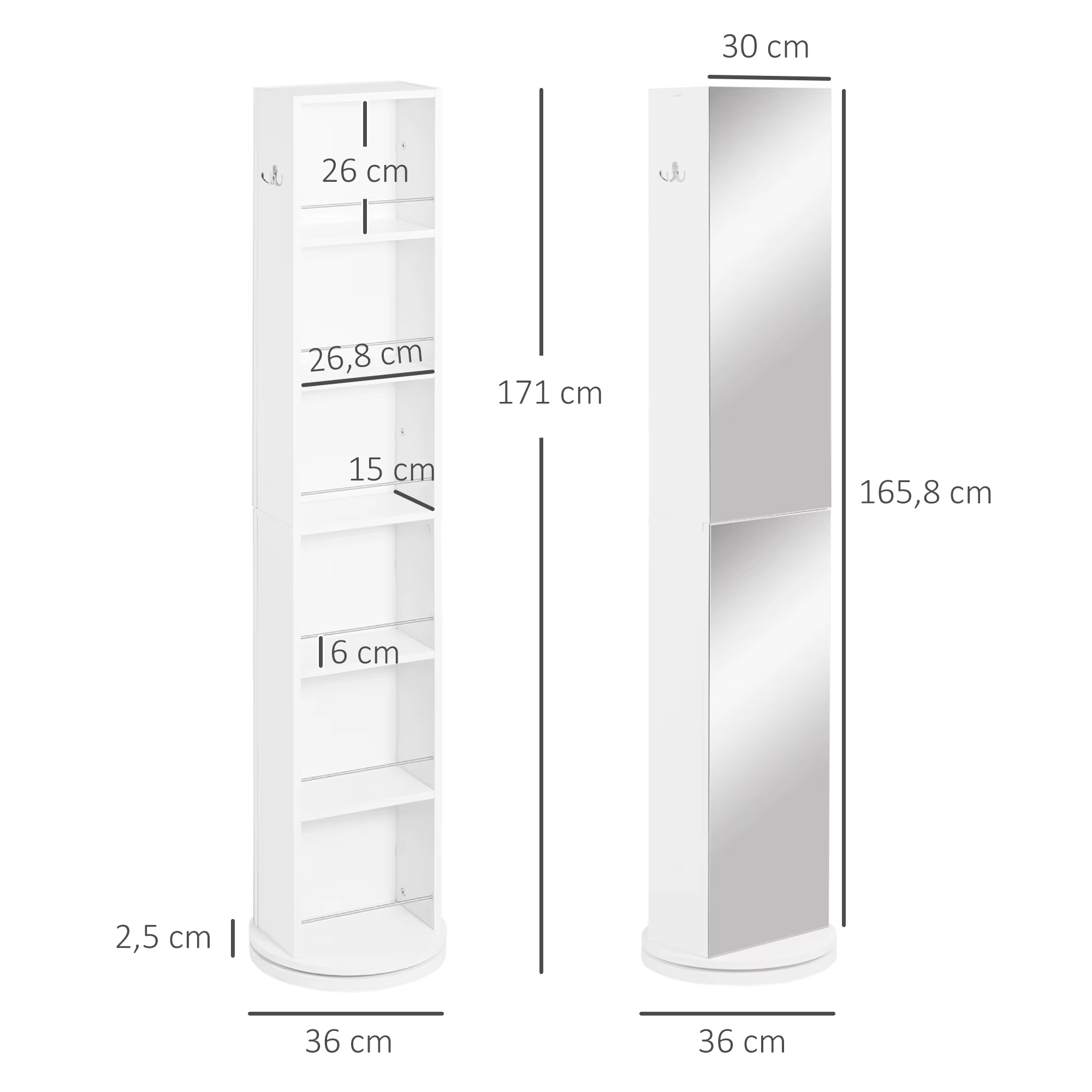 Valge seinariiul või peegeluksega kapp mõõtudega 171 x 36 cm, sisemiste riiulitega