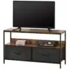 Telerialus kahe kangasahtli ja avatud riiuliga 98 cm | E-pood Tootemaailm Musta teler puidust ja metallraamiga TV-alusel, all riiul ja kaks sahtlit