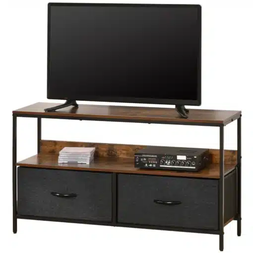 Telerialus kahe kangasahtli ja avatud riiuliga 98 cm | E-pood Tootemaailm Musta teler puidust ja metallraamiga TV-alusel, all riiul ja kaks sahtlit