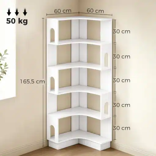 Nurgariiul raamatutele ja dekoratsioonidele 5 tasapinnaga | E-pood Tootemaailm Valge nurgariiul, mõõdud 60 x 60 x 165,5 cm, kandevõime 50 kg