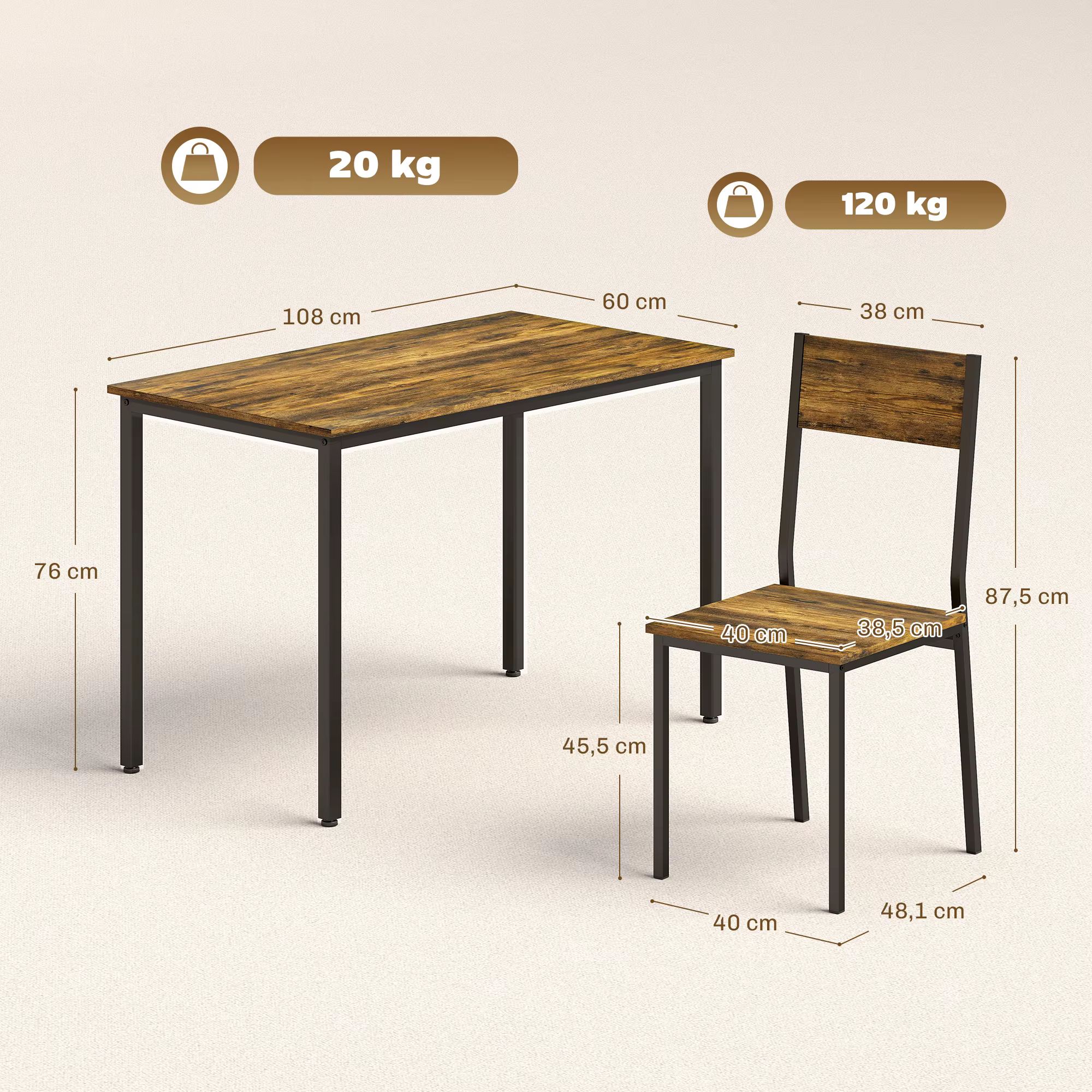Puidumustriga laud ja tool mõõtudega: laud 108 x 60 x 76 cm, tool 40 x 48,1 x 87,5 cm