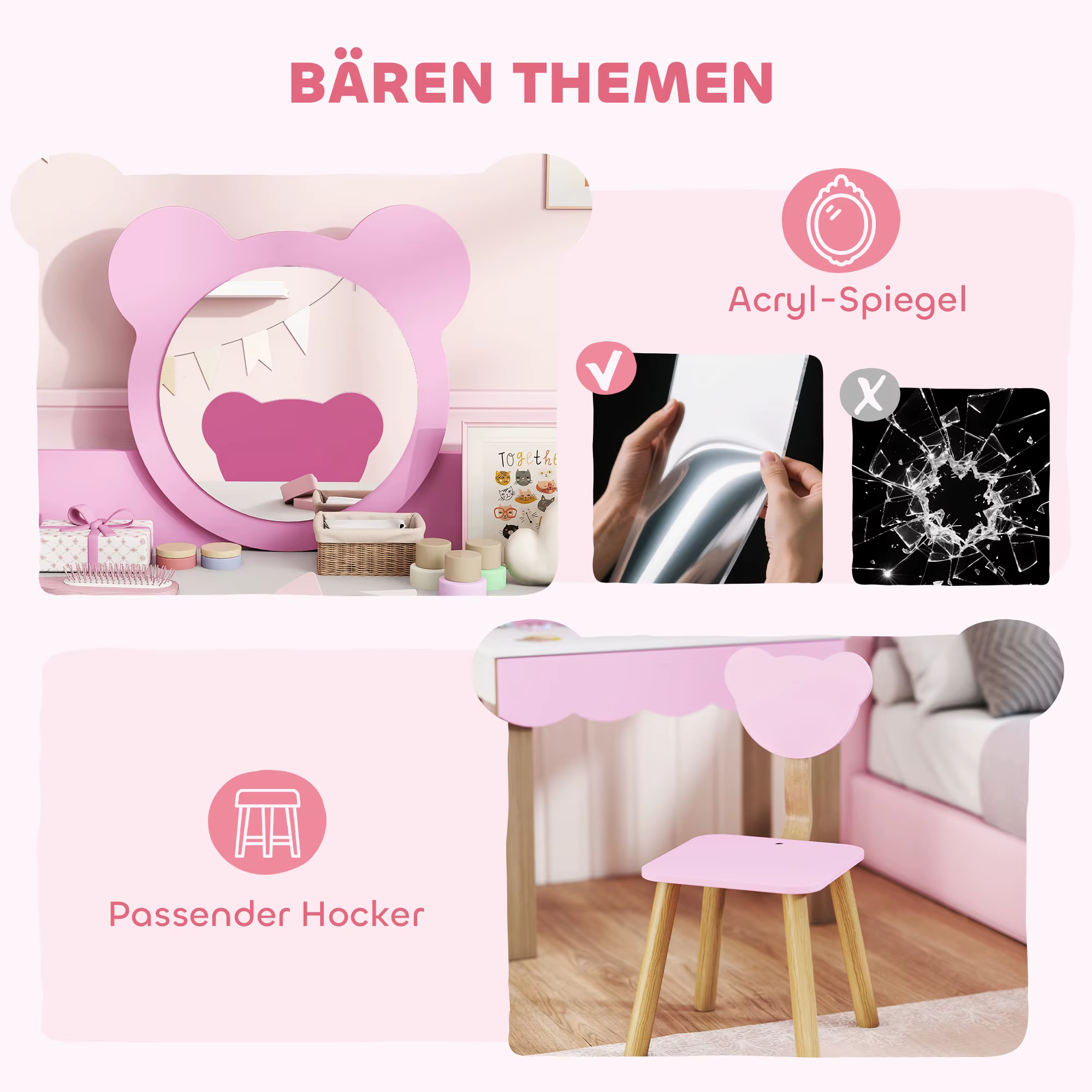 Roosa Bären teemapuldist peegel ja pink hokker lastetoa sisekujunduses