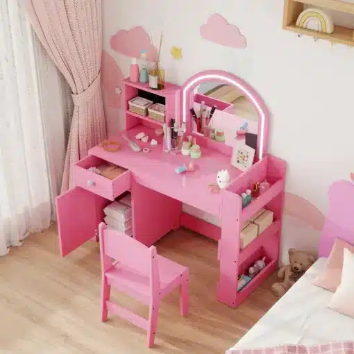 Laste tualettlaud LED-peegli, tooli, sahtli ja riiulitega | E-pood Tootemaailm Roosa lastetoa meigilaud peegli, sahtlite, riiulite ja tooliga