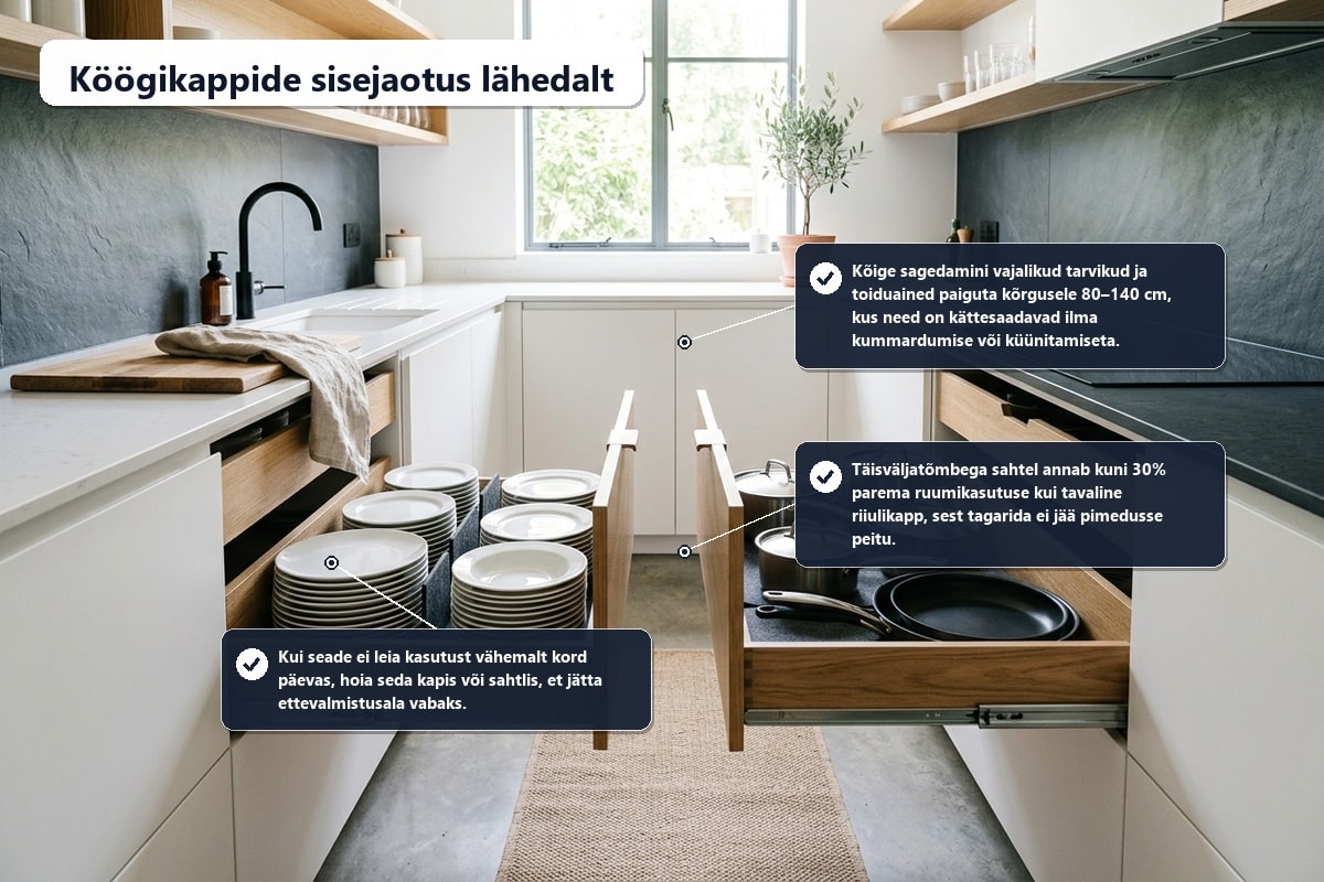 Köögikappide sisejaotus: praktiline hoiustamise juhend | E-pood Tootemaailm Köögikappide sisejaotus ja korrastatud sügavad sahtlid nõude ja pottidega
