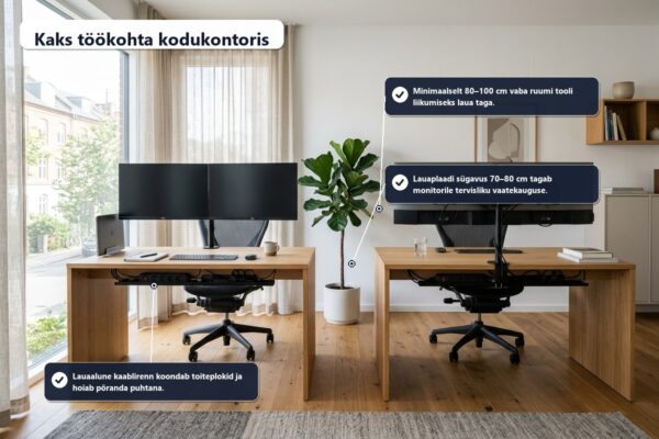 Kaks töökohta ühes kodukontoris: ruumiplaan ja valgus | E-pood Tootemaailm kodukontor kahele – kahe töökoha ruumiplaan ja mööbli paigutus