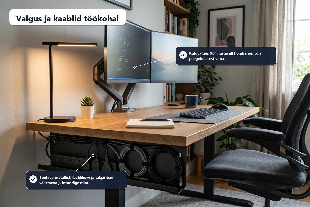 kaablite haldus kodukontoris – lauaalune kaablirenn ja valgustus