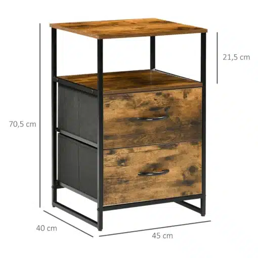 Öökapp kahe kangassahtli ja avatud riiuliga | E-pood Tootemaailm Puiduimitatsiooniga kahe sahtliga öökapp metallraamil, mõõdud 45 x 40 x 70,5 cm