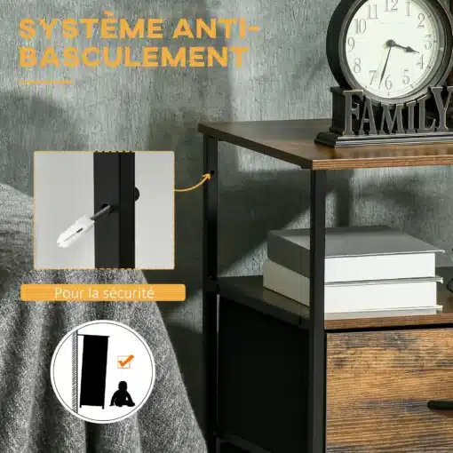 Öökapp kahe kangassahtli ja avatud riiuliga | E-pood Tootemaailm Puidust ja musta metallraamiga öökapp, millel on turvaline kinnitus süsteem