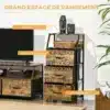 Kitsas sahtlite ja riiulitega hoiukapp 44 x 29 x 92 cm | E-pood Tootemaailm TV alus riiuli, avatud riiuli ja kolme sahtliga, puidumustriga ja musta metallraamiga