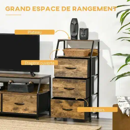 Kitsas sahtlite ja riiulitega hoiukapp 44 x 29 x 92 cm | E-pood Tootemaailm TV alus riiuli, avatud riiuli ja kolme sahtliga, puidumustriga ja musta metallraamiga