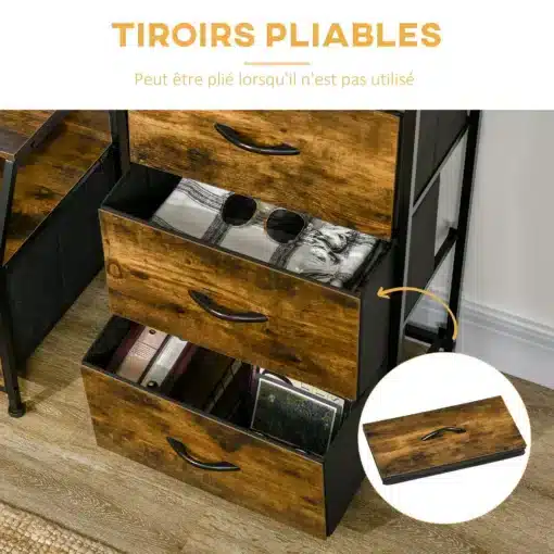 Kitsas sahtlite ja riiulitega hoiukapp 44 x 29 x 92 cm | E-pood Tootemaailm Kolme puidumustrilise esipaneeliga kokkupandava sahtliga must metallist hoiukapp
