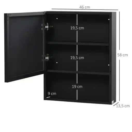 Seinale kinnitatav peegliga vannitoakapp avatud riiuliga | E-pood Tootemaailm Must seinakapp avatud ukse ja kolme riiulivahega, mõõtudega 46 × 58 × 13,5 cm
