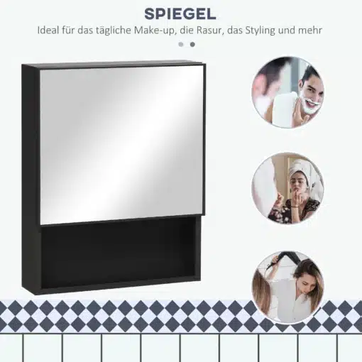 Seinale kinnitatav peegliga vannitoakapp avatud riiuliga | E-pood Tootemaailm Must seinapeegel alumise avatud riiuliga vannituppa, esikus või magamistuppa