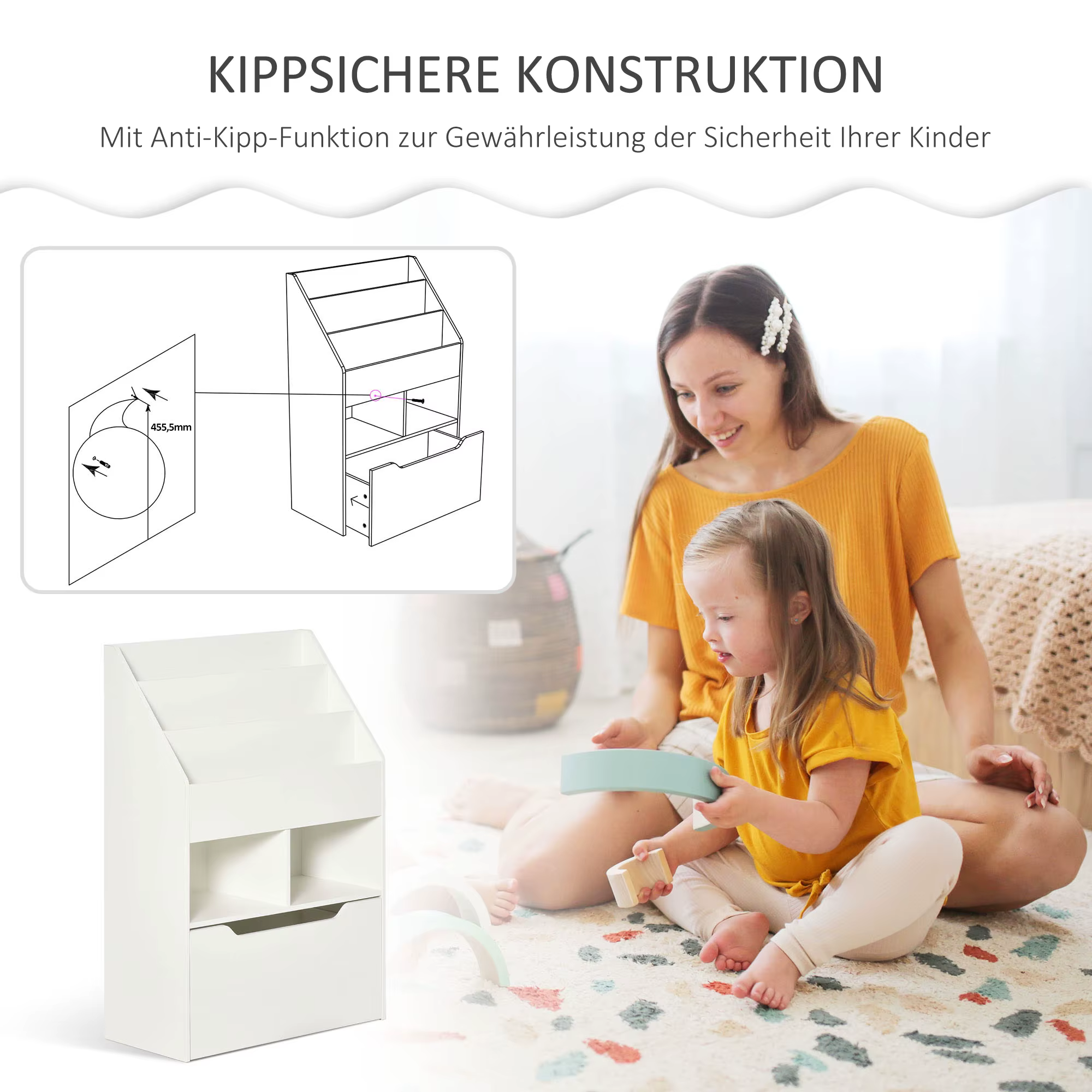 Valge laste kummut-riiul anti-kipp kinnitusega seina külge, kõrval ema ja laps mängimas