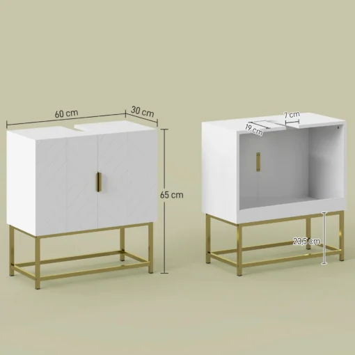 Vannitoa valamukapp kahe uksega ja toruavaga | E-pood Tootemaailm Valge vannitoakapp kuldse metallraamiga, mõõdud 60 × 30 × 65 cm ja tööpinna väljalõigetega