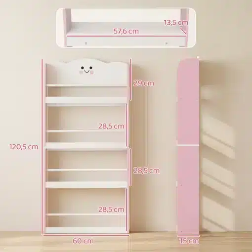 Laste raamaturiiul 4 tasapinnaga seinale kinnitatav | E-pood Tootemaailm Roosa-valge laste riiul naeratava pilvemotiiviga, mõõdud 120,5 × 60 × 15 cm