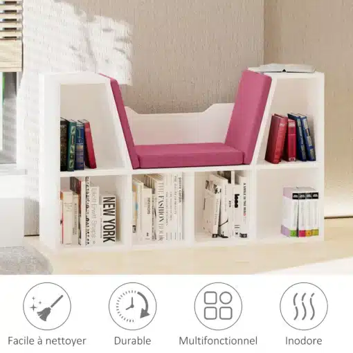Laste raamaturiiul istumispingiga ja 6 hoiukambriga | E-pood Tootemaailm Valge raamaturiiul pinkistmega, roosade küljetugede ja mitme raamaturiiuliga
