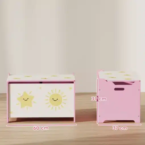 Laste mänguasjakast turvalise hingedega kaanega 60 cm | E-pood Tootemaailm Roosa ja valge laste mänguasjakast päikese ja tähe kujundusega, mõõtudega 60 × 37 × 39 cm