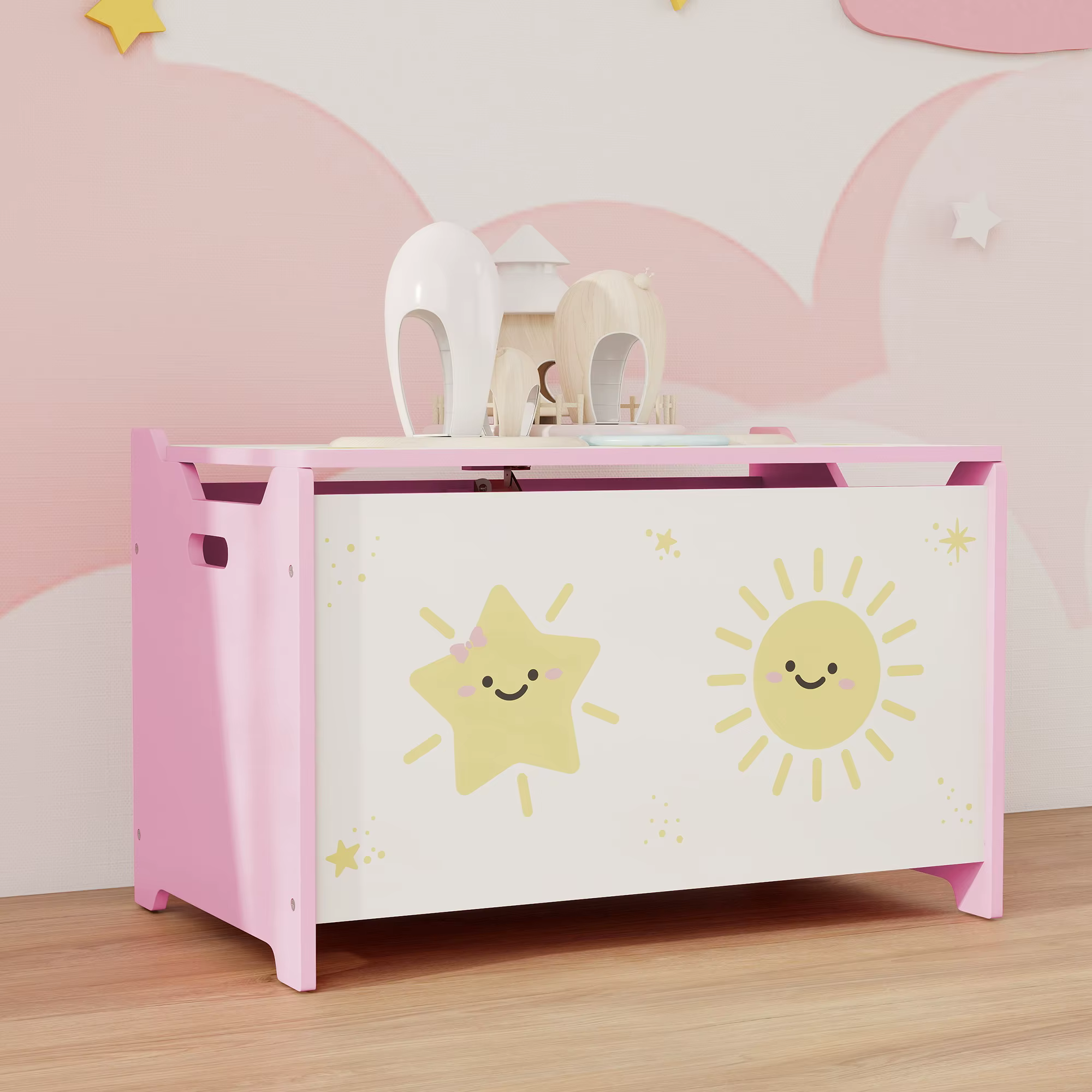 Roosa ja valge laste mänguasjakast naeratava päikese ja tähe illustratsiooniga
