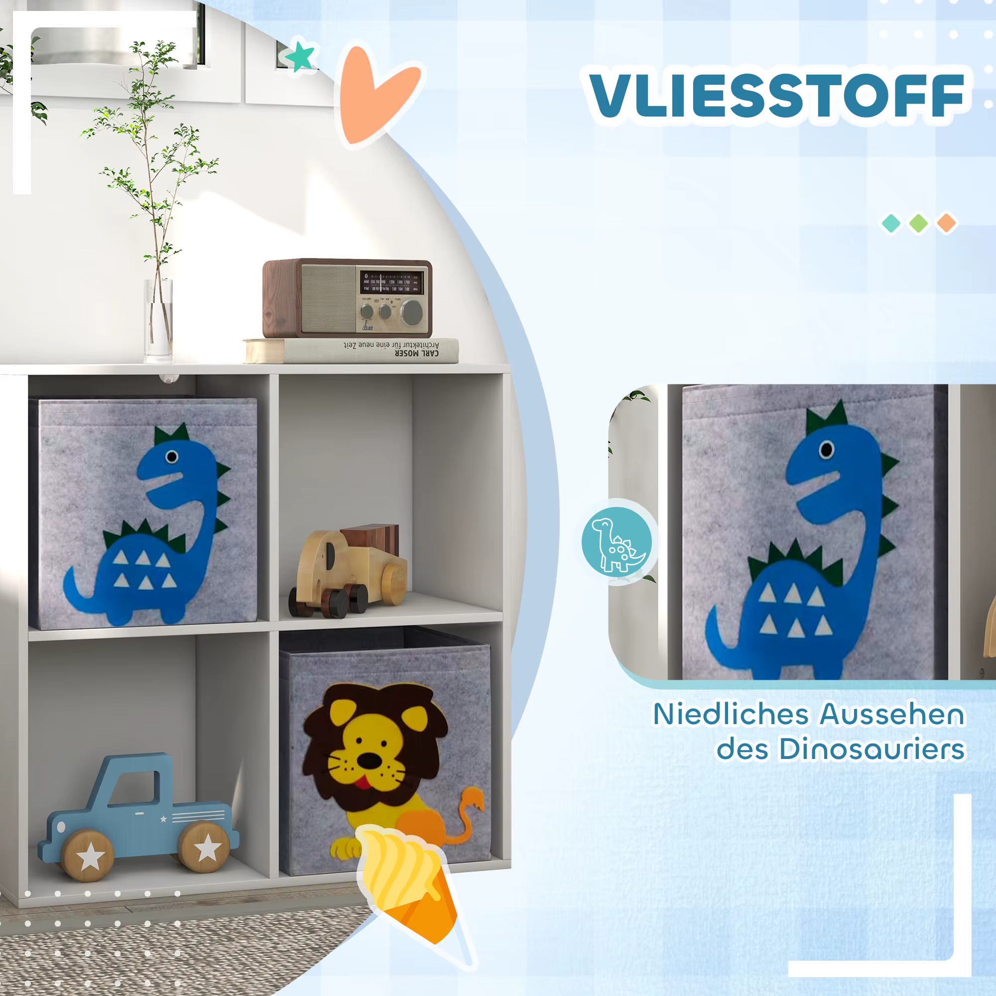 Hall kangast hoiukast sinise dinosaurusmustriga lastetoa riiulis