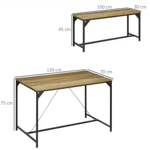 Söögilaud kahe pingiga neljale inimesele | E-pood Tootemaailm Kahe puitplaadi ja musta metallraamiga laua mõõtude joonis: 100 × 30 × 45 cm ning 120 × 70 × 75 cm