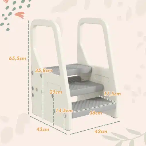 Laste astmepukk turvakäsipuu ja libisemiskindla pinnaga | E-pood Tootemaailm Kolme astmega laste õppetorn mõõtudega 65,5 × 43 × 42 cm, astmete sügavus ja kõrgus märgitud pildil