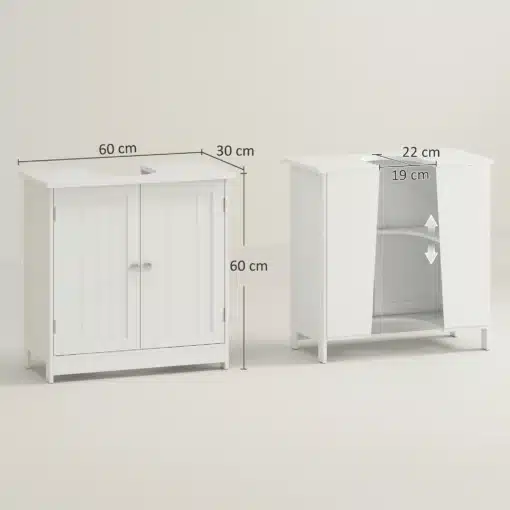 Vannitoa valamukapp reguleeritava riiuliga | E-pood Tootemaailm Valge valamukapp kahe ukse ja reguleeritava riiuliga, mõõdud 60 × 30 × 60 cm
