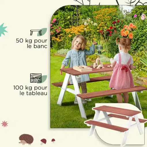 Laste piknikulaud kinnitatud pinkidega 4-kohaline | E-pood Tootemaailm Puidust laste piknikulaud pinkidega aias, kaks last mängimas