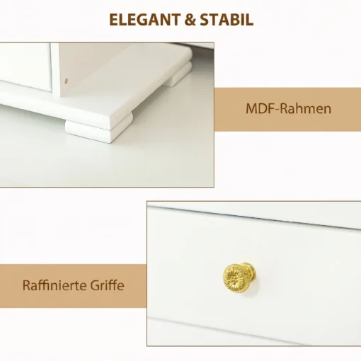 Neljakorruseline ehete hoiukarp peegli ja sahtlitega | E-pood Tootemaailm Valge MDF-raamiga mööbel stabiilse aluse ja kuldse dekoratiivse nupuga