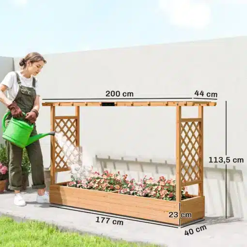 Kõrgpeenar kaarekujulise võrestiku ja riputussiiniga 200 cm | E-pood Tootemaailm Puidust tõrestikuga lillekast pergolaga, mõõdud 200 × 44 × 113,5 cm, lilledega õues