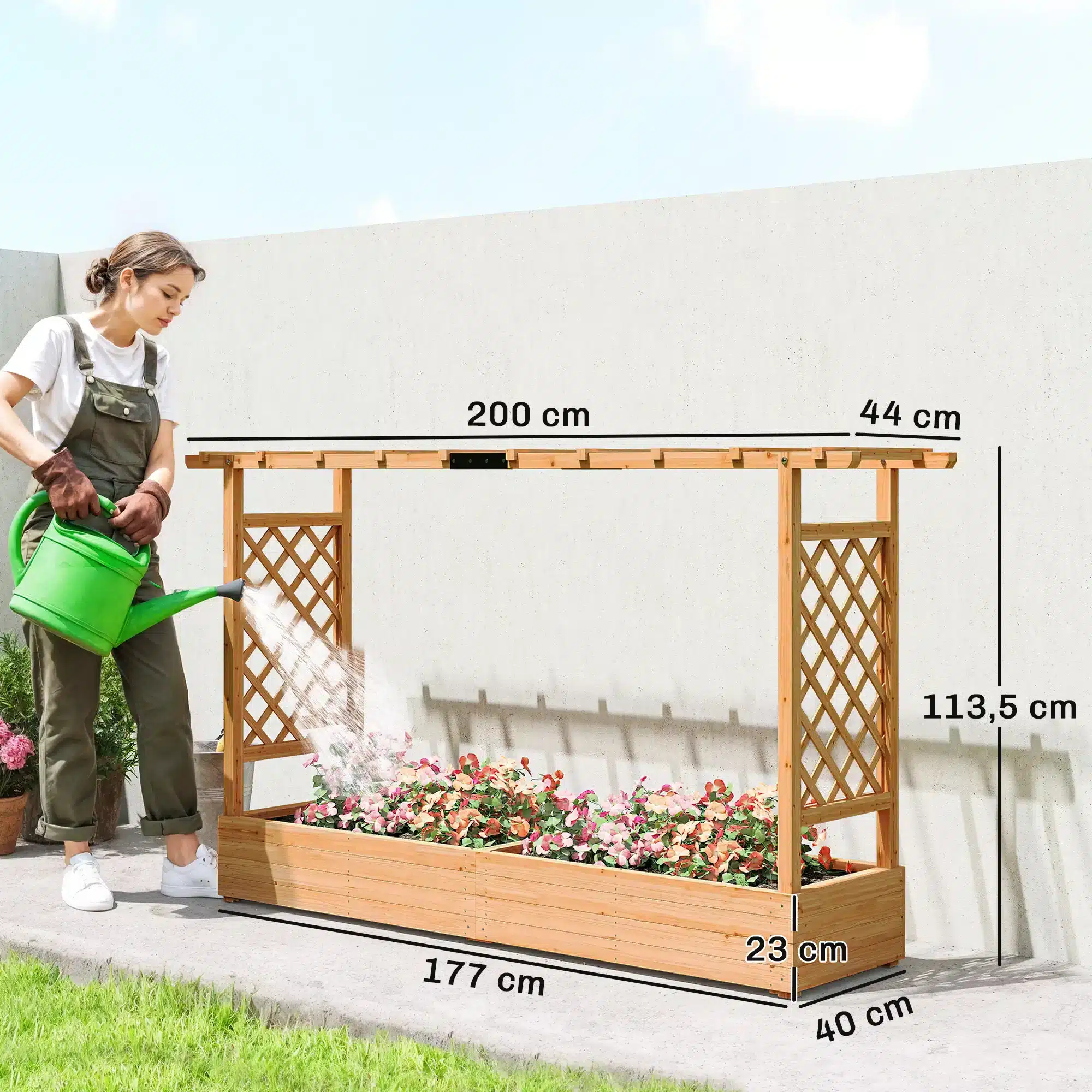 Puidust tõrestikuga lillekast pergolaga, mõõdud 200 × 44 × 113,5 cm, lilledega õues