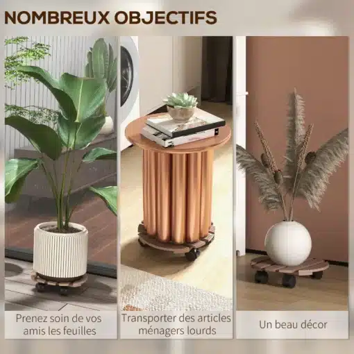 Ratastega lillepotialused piduritega 4 tk 30 cm | E-pood Tootemaailm Kolmeosaline pilt ratastega taimealusest potitaime, esemete ja kuivatatud kõrtega vaasi all